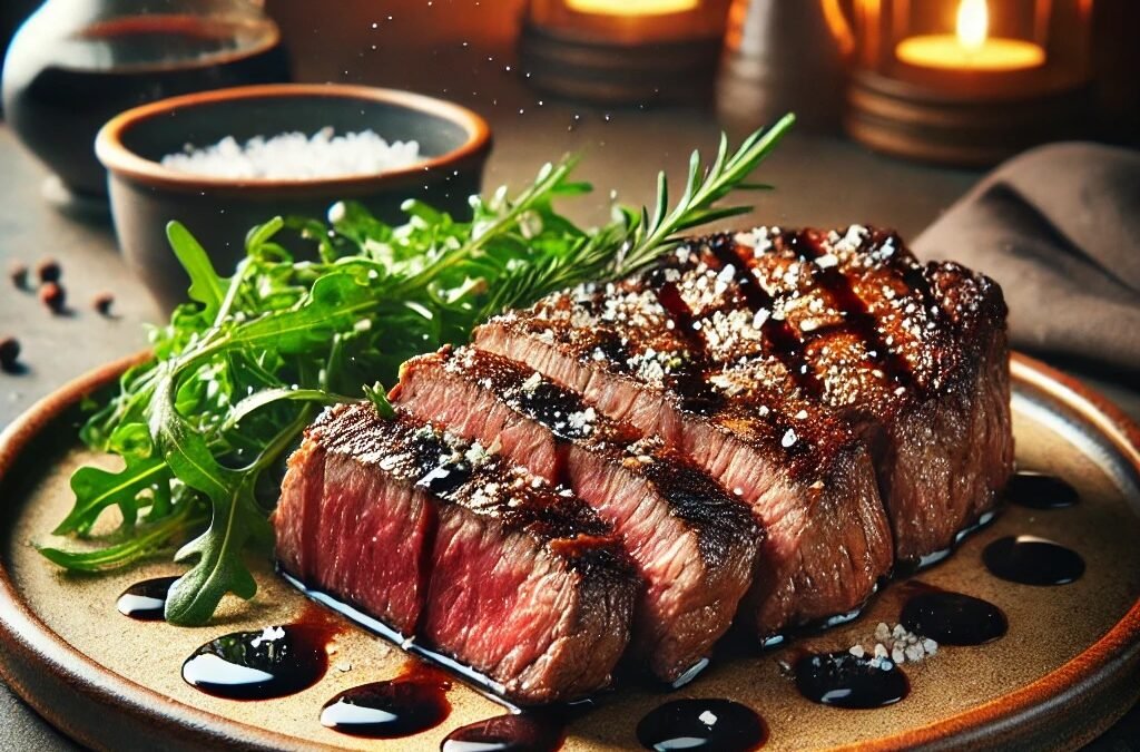 Gegrilltes Entrecôte mit Balsamico-Reduktion und Rucola